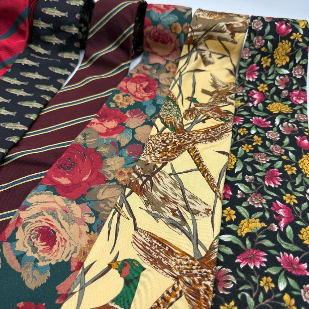 Huntington Mens Silk Necktie Lot of 7 Vintage Paisley Striped Fish Bird Floral
